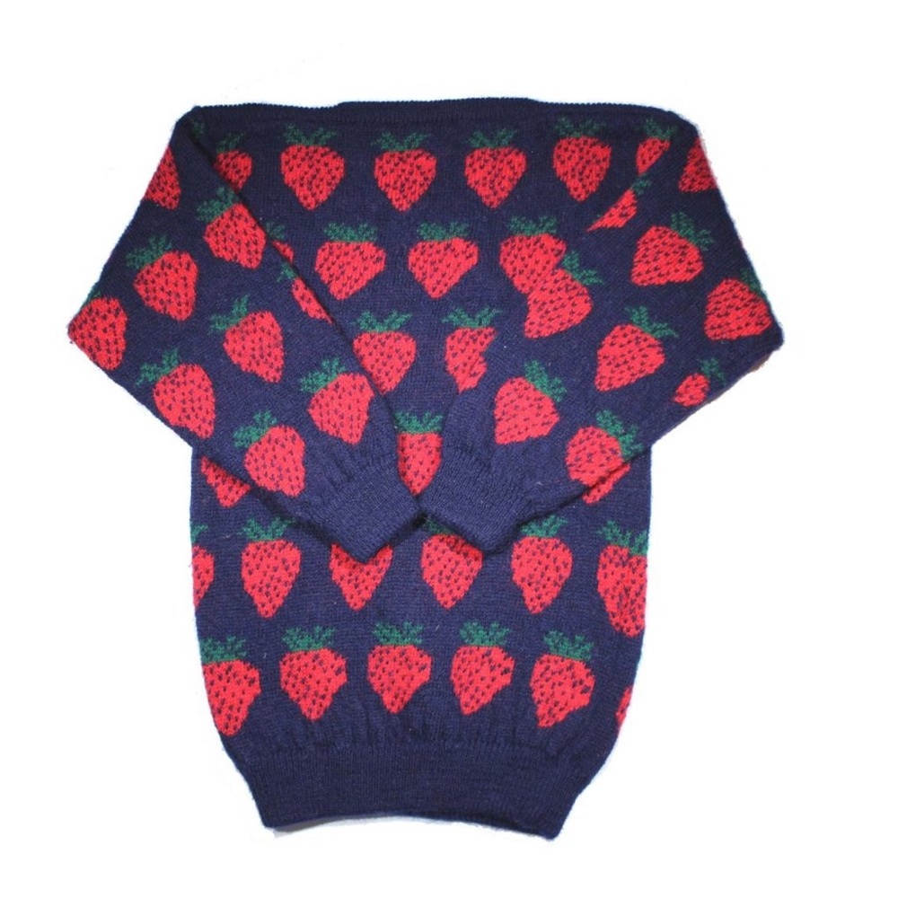 VTG 1980s Novelty Strawberry Print Wool Sweater